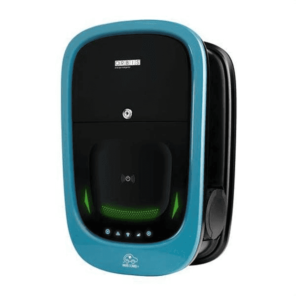 Sähköauton kaksoislaturi wifi-yhteydellä Orbis VIARI Combi kolmivaiheinen 2 x 22 kW Tyyppi II viitenumerolla OB94P7CCKA2 brändiltä ORBIS