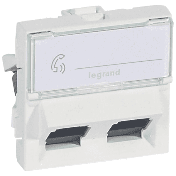 Legrand Mosaic Cat 6 UTP RJ45 kaksoispistorasia 45° 2 moduulia valkoinen viitenumerolla 076504 brändiltä LEGRAND