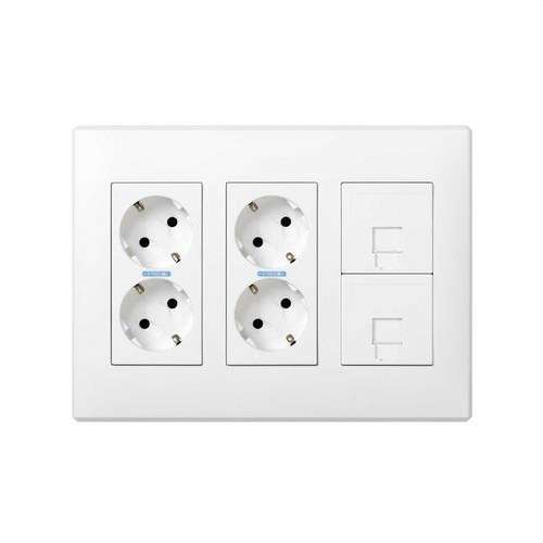 Pintapintaan tai upotettava seinärasia sarja 3 kaksiosaista elementtiä, 2 kaksoispistorasiaa ja 2 1 RJ45 -levyä, valkoinen Simon 500 Cima viitenumerolla 51000301-030 brändiltä SIMON