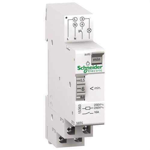Automaattinen ajastinkytkin Acti9 MIN 1 moduuli 1 kanava 1-7 minuuttia viitenumerolla 15363 brändiltä SCHNEIDER ELECTRIC