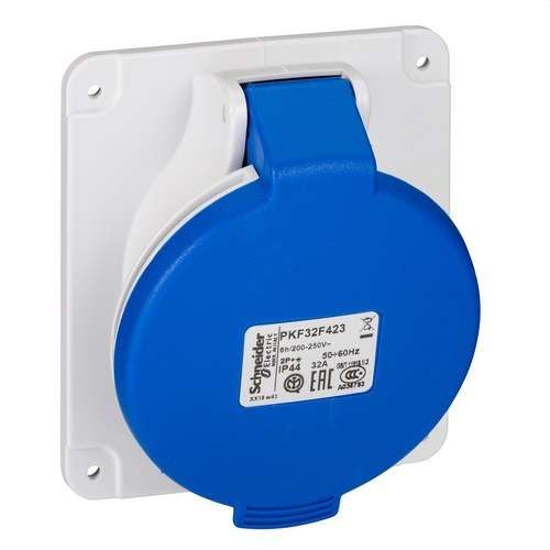 Upotettava kallistettu peruspistorasia 32A 2P+TT 200-250V IP44 viitenumerolla PKF32F423 brändiltä SCHNEIDER ELECTRIC