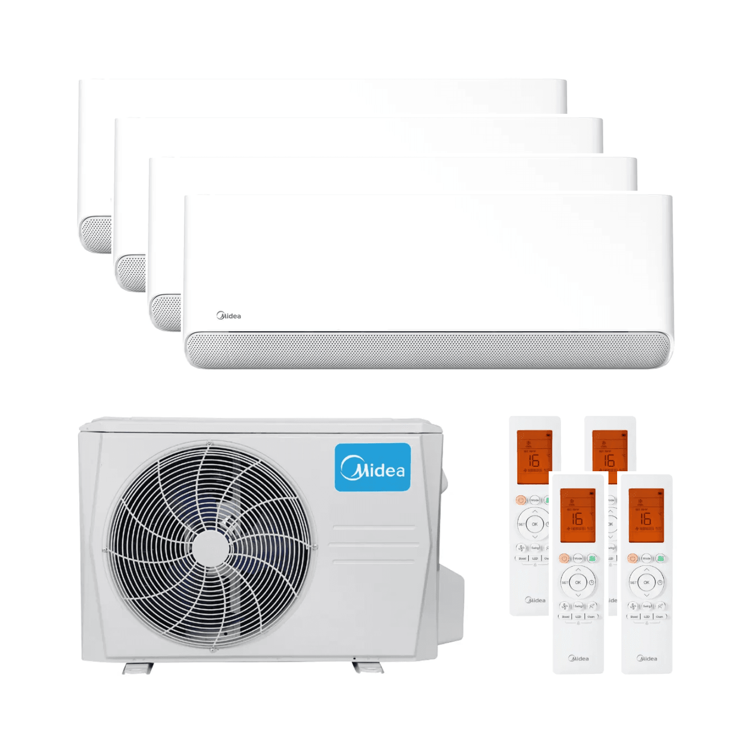 Ilmastointilaite 4x1 wifi-yhteydellä Midea Breezeless E 2,5 kW (3) + 3,5 kW viitenumerolla BREEZELESS09+09+09+12 brändiltä MIDEA