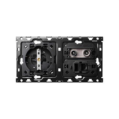 Takaisinsetti kahdelle elementille, jossa 1 Schuko-pistorasia ja 1 R-TV+SAT-yhdistelmäpistorasia, jossa 1 RJ45 6 UTP -liitin Simon 100 viitenumerolla 10010208-039 brändiltä SIMON